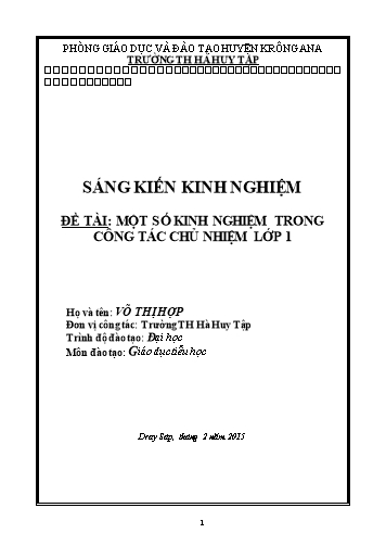 Sáng kiến kinh nghiệm Một số kinh nghiệm trong công tác chủ nhiệm Lớp 1