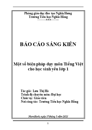 Sáng kiến kinh nghiệm Một số biện pháp dạy môn Tiếng Việt cho học sinh yếu Lớp 1