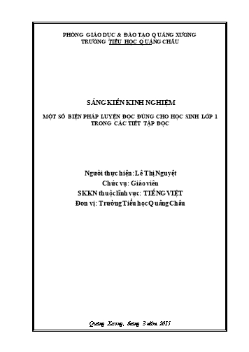Sáng kiến kinh nghiệm Một số biện pháp luyện đọc đúng cho học sinh Lớp 1 trong các tiết tập đọc Trường TH Quảng Châu